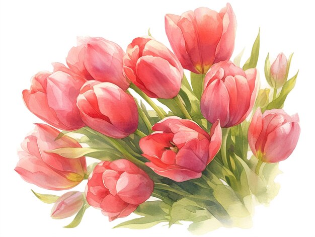 赤いチューリップの花束を白に描いた水彩画