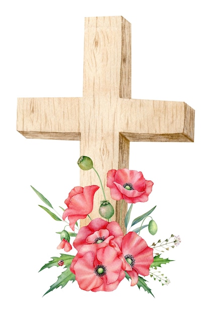 Watercolor illustration for remembrance day anzac day hand drawn red poppy flowers and wooden cross