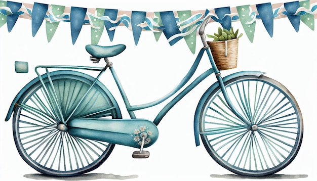 Watercolor illustration of a retro blue bicycle with a white background