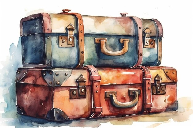 Photo watercolor illustration of retro suitcases on a white