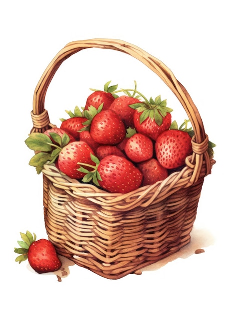 Photo watercolor illustration of ripe strawberries in wicker basket isolated on white background