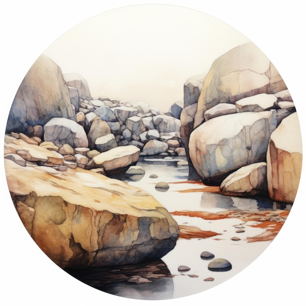 Watercolor illustration of a rocky beach with a lot of stones