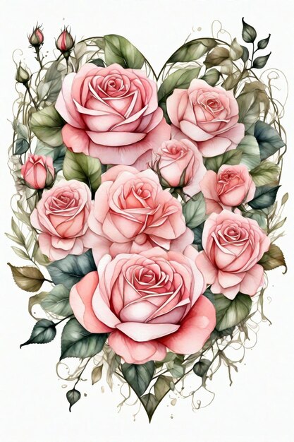 水彩画のバラの花の心の形のイラスト