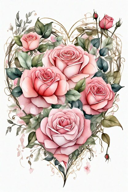 Watercolor illustration of roses flower heart shape illustration