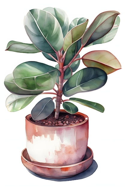 Watercolor Illustration of Rubber Plant in a Pot for Modern Home Decor Generative AI