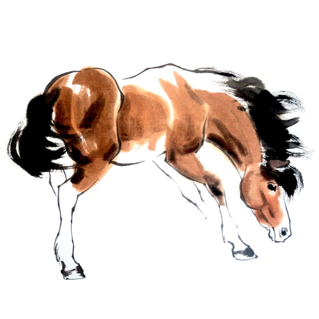 Photo watercolor illustration of running horse chinese ink and wash painting