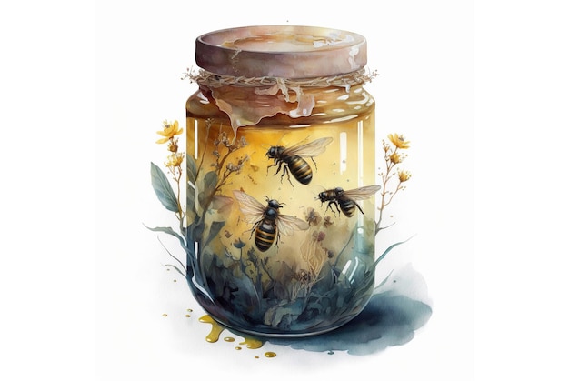 Watercolor illustration of a rustic honey pot with hovering bees