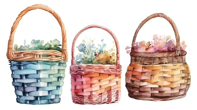 Watercolor illustration rustic wicker basket collection Generative Ai