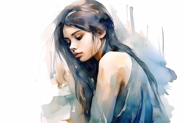 Watercolor illustration Sad and lonely girl Unhappy figure sorrow Lady heartbroken by a breakup