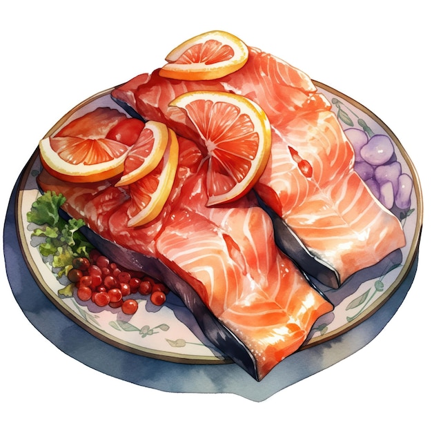 Watercolor illustration of salmon fillet with lemon on plate