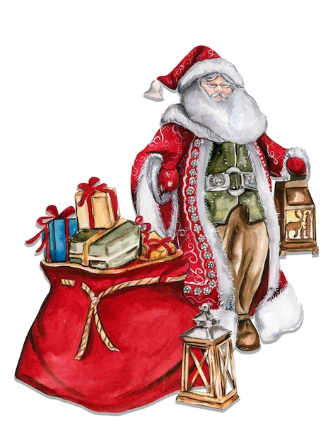 Watercolor illustration of Santa Claus and red bag with Christmas gifts