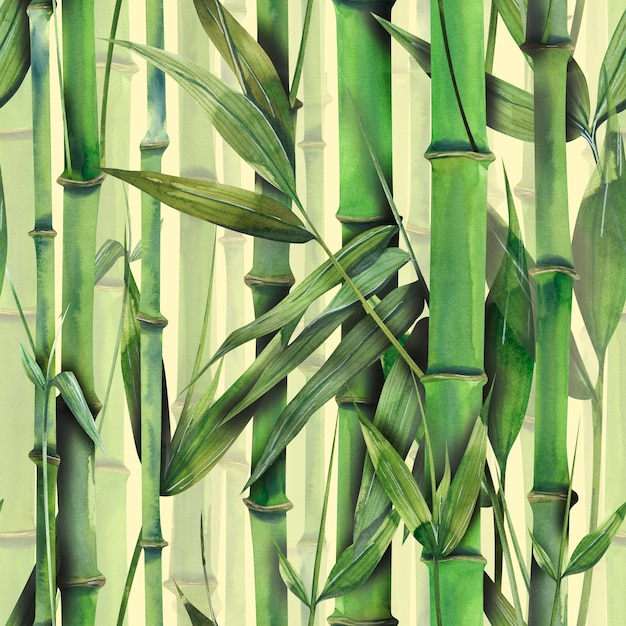 Watercolor illustration seamless pattern of bamboo stems leaves in the rhythm of the jungle