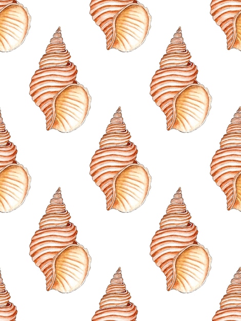 Watercolor illustration of a seamless pattern of marine spiral seashells in beige colors
