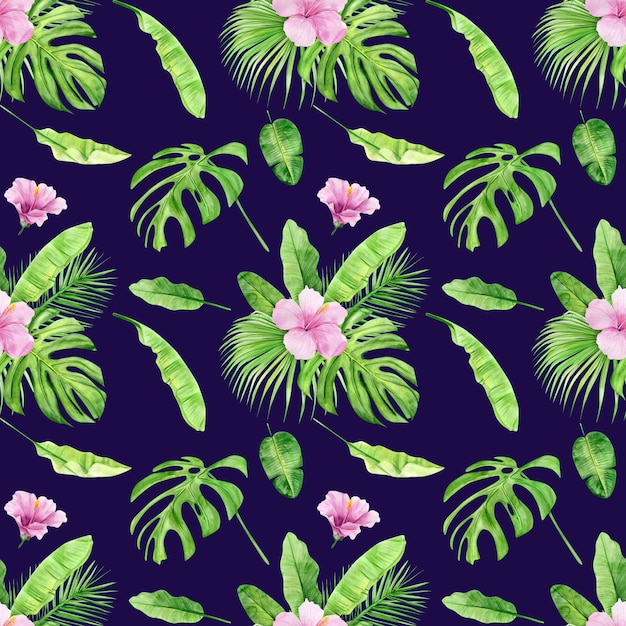 사진 열 대 잎과 꽃 히 비 스커 스의 수채화 그림 완벽 한 패턴입니다.