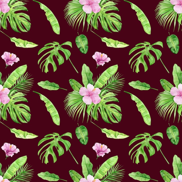 사진 열 대 잎과 꽃 히 비 스커 스의 수채화 그림 완벽 한 패턴입니다.