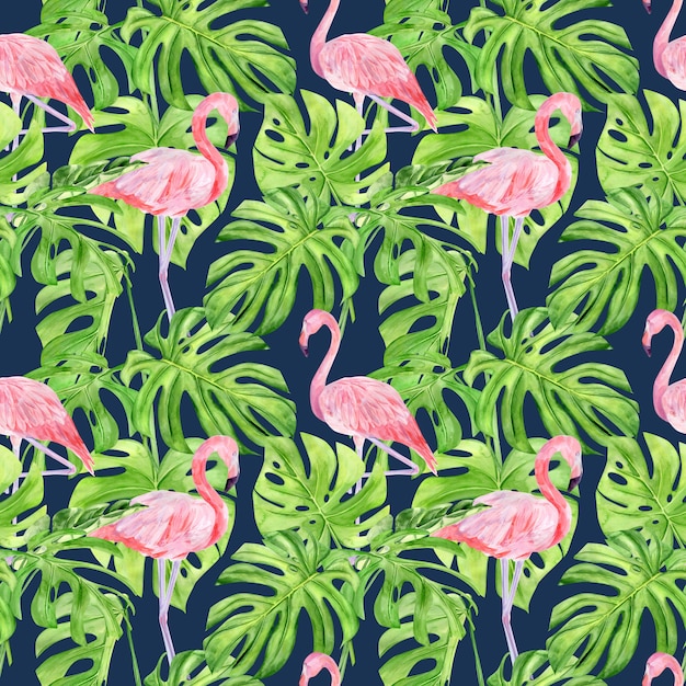 Photo watercolor illustration seamless pattern of tropical leaves and pink flamingo.