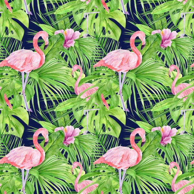 Watercolor illustration seamless pattern of tropical leaves and pink flamingo