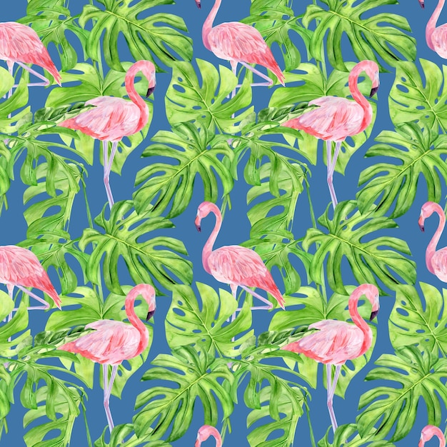 Photo watercolor illustration seamless pattern of tropical leaves and pink flamingo.