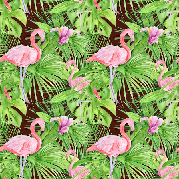 Watercolor illustration seamless pattern of tropical leaves and pink flamingo