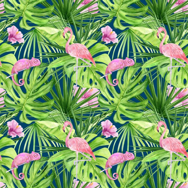 Watercolor illustration seamless pattern of tropical leaves and pink flamingo.