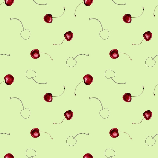 Акварельная иллюстрация бесшовного узора с ягодной вишней с ветками на светлом фоне e