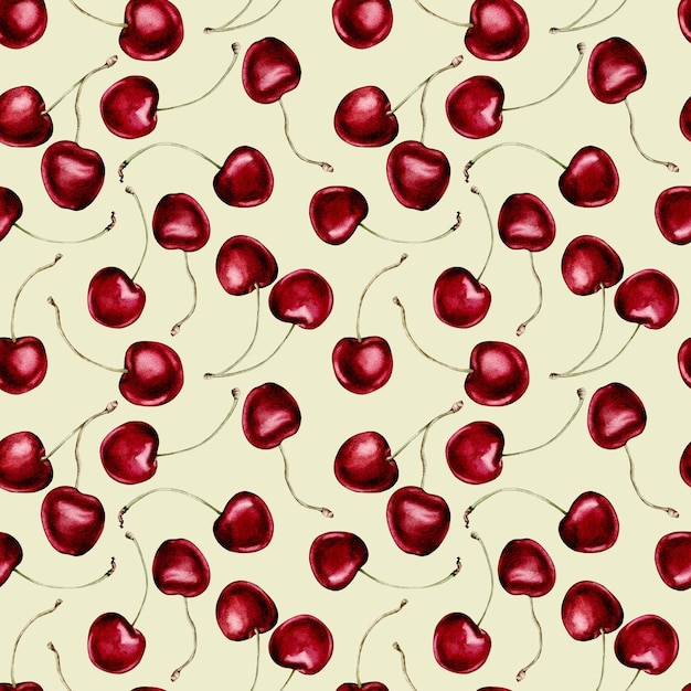 Photo watercolor illustration of a seamless pattern with a berry cherry with twigs on a light background e