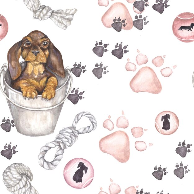 Photo watercolor illustration of a seamless pattern with a dachshund puppy accessories a white background