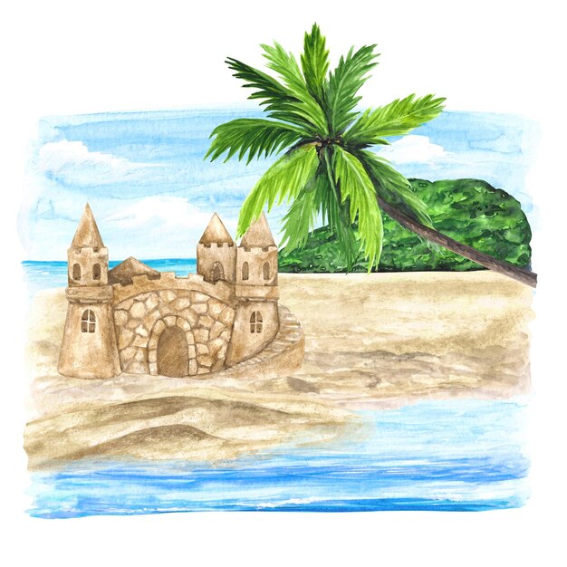 Акварельная иллюстрация морского пейзажа с песком и замковой пальмой на белом фоне