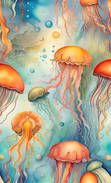 Watercolor illustration of seaweed and underwater fantastic fish beautiful jellyfish seashells in