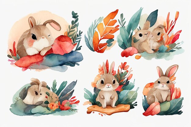 Watercolor illustration set of baby rabbit and cute elements