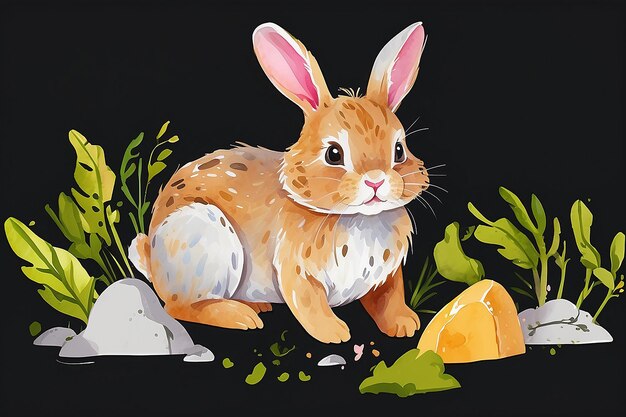 Watercolor illustration set of baby rabbit and cute elements