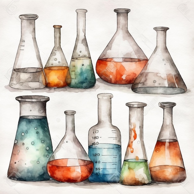 A watercolor illustration of a set of beakers with different colored liquids.