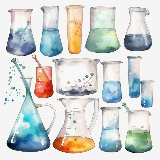 A watercolor illustration of a set of beakers with different liquids.