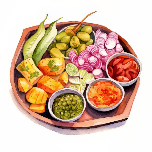 Photo watercolor illustration of a set of different types of sauces and sauce