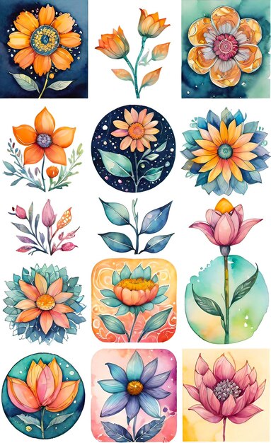 Photo watercolor illustration of a set of flowers for decoration squares with flowers seamless pattern