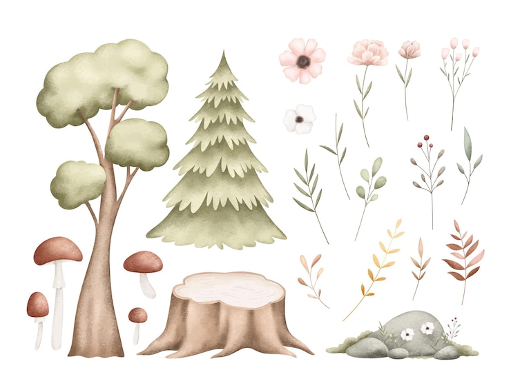Photo watercolor illustration set of forest elements