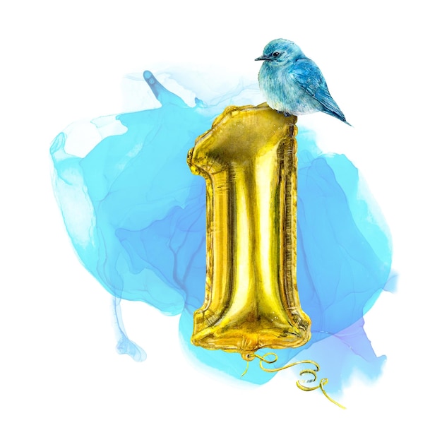 Photo watercolor illustration set of golden balloon and bluebird and lightblue spot handdrawn on white