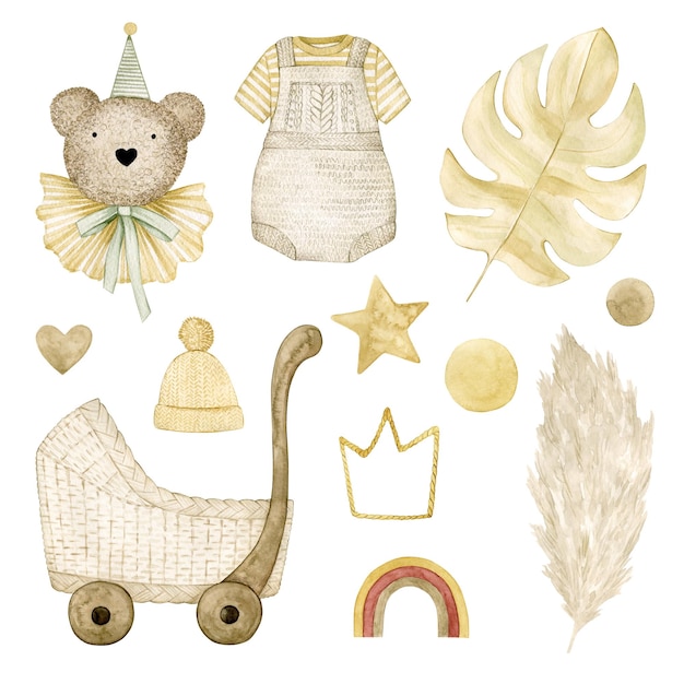 Foto illustrazione ad acquerello set ciao bambino con orso, giocattoli, stelle, punti, passeggino, piante secche. isolato.
