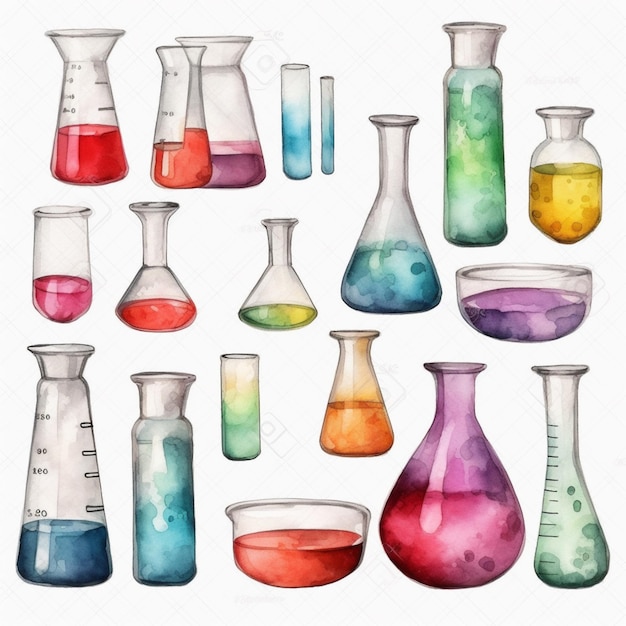 A watercolor illustration of a set of test tubes with different colored liquids.