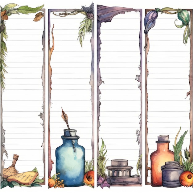 Watercolor illustration of a set of vertical notepads for writing and drawing