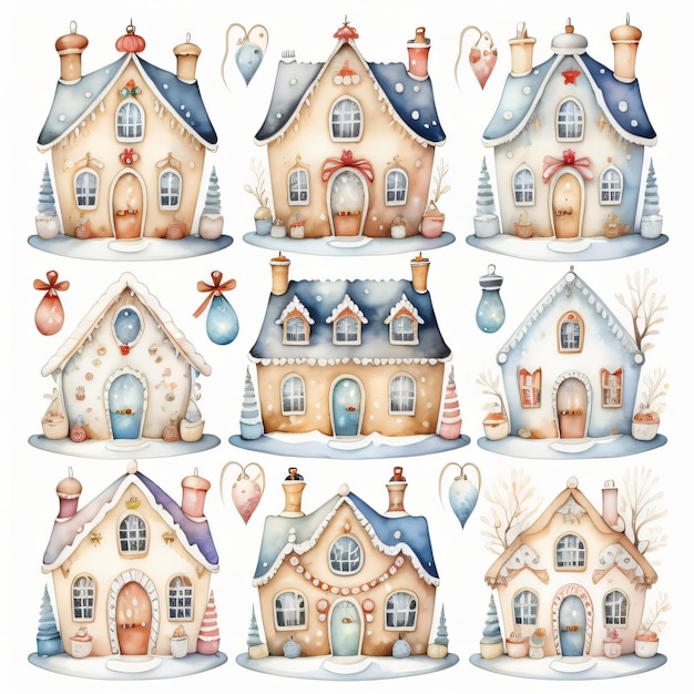 набор акварельных иллюстраций зимних домиков в снегу