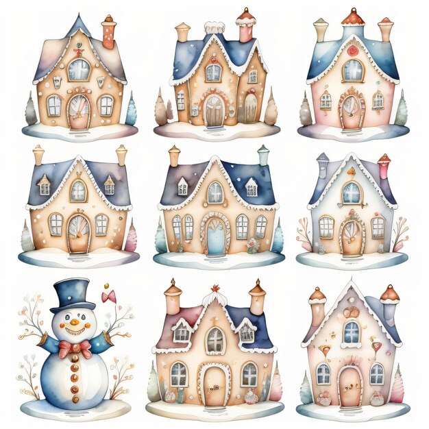 watercolor illustration set of winter houses in snow