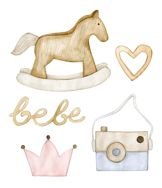 Photo watercolor illustration set with wood horse crown camera heart lettering isolated on white