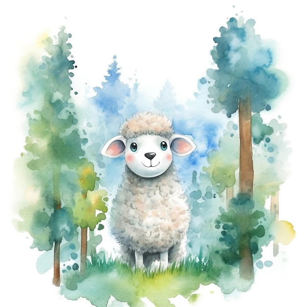 森の中の羊の水彩イラスト。