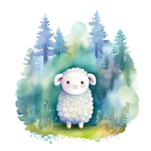 Watercolor illustration of a sheep in the forest.