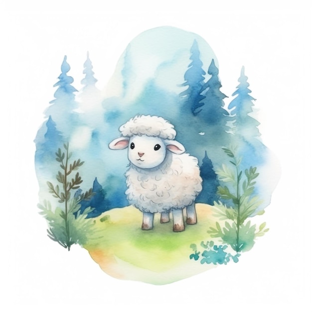 Watercolor illustration of a sheep in a forest