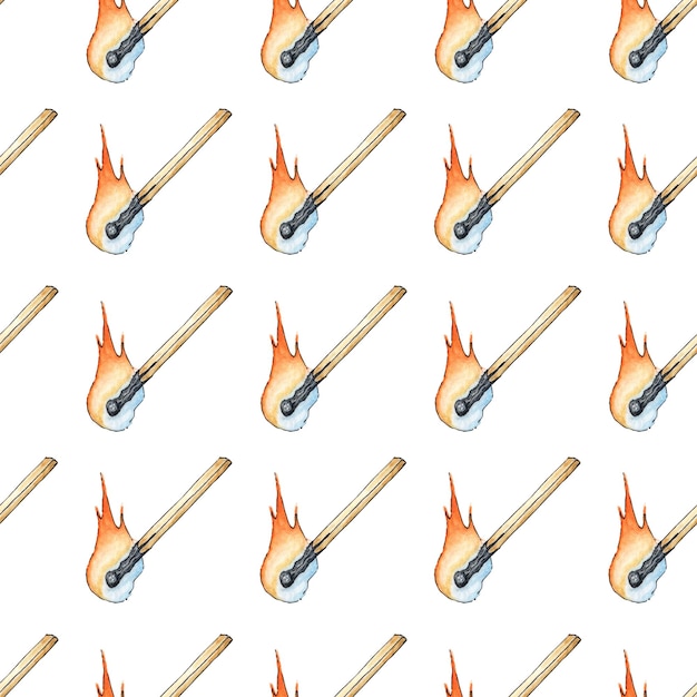 Watercolor illustration of a simple pattern of a burning match\
get the flame light the fire burnt wooden stick hand drawn doodles\
isolated on white background drawn by hand