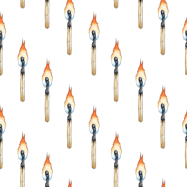 Watercolor illustration of a simple pattern of a burning match Get the flame Light the fire Burnt wooden stick Hand drawn doodles Isolated on white background Drawn by hand