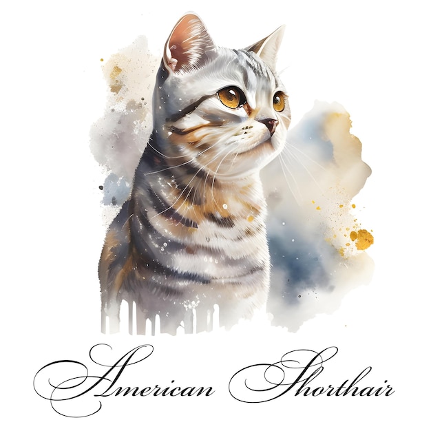 一匹の猫の品種アメリカンショートヘアの水彩イラスト AI 生成水彩動物
