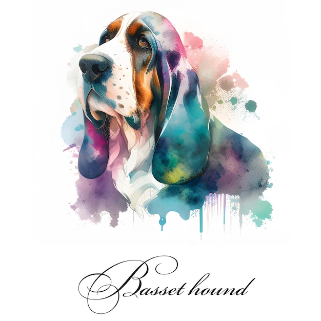 Watercolor illustration of a single dog breed basset hound AI generated Dog portrait